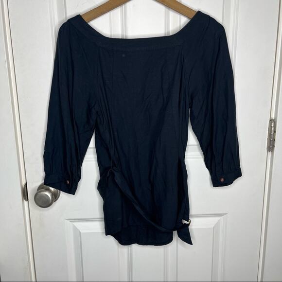 Anthropologie Maeve Black Button Down 3/4 Sleeve Belt Blouse Size 0 - Picture 4 of 5